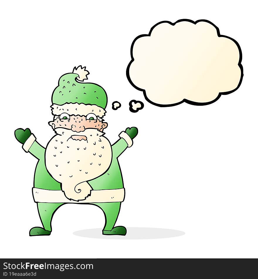 cartoon stressed out santa with thought bubble