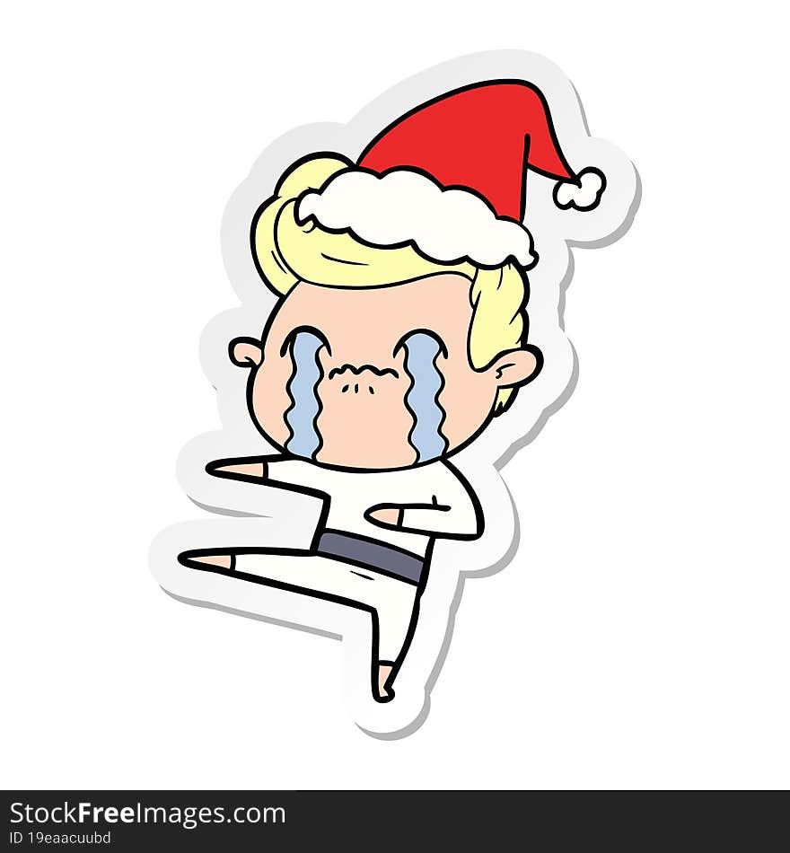 sticker cartoon of a man crying wearing santa hat