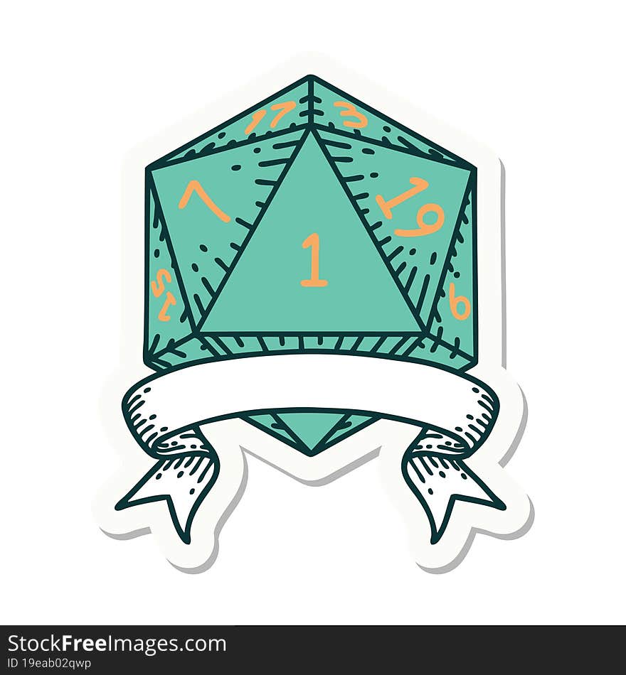 sticker of a natural one d20 dice roll. sticker of a natural one d20 dice roll