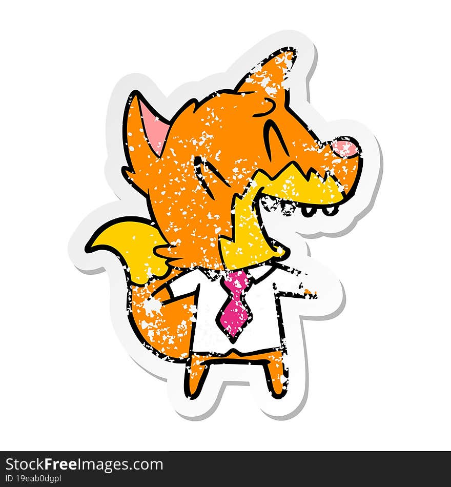 Distressed Sticker Of A Laughing Fox In Shirt And Tie