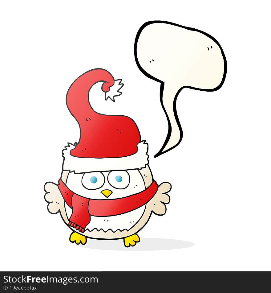 freehand drawn speech bubble cartoon owl wearing christmas hat