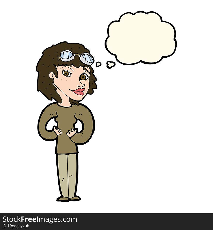 cartoon aviator woman with thought bubble