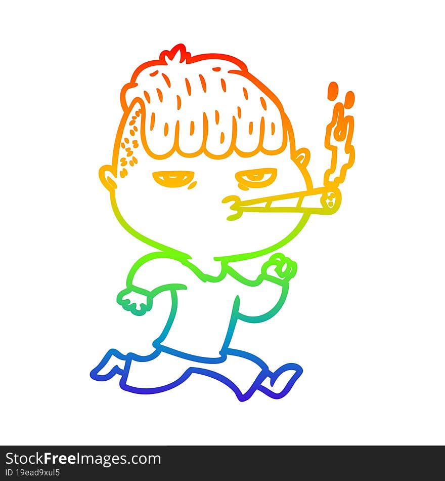 Rainbow Gradient Line Drawing Cartoon Man Smoking Whilst Running