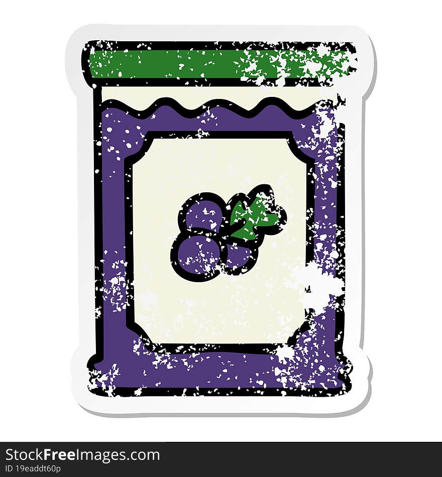 distressed sticker of a quirky hand drawn cartoon blueberry jam