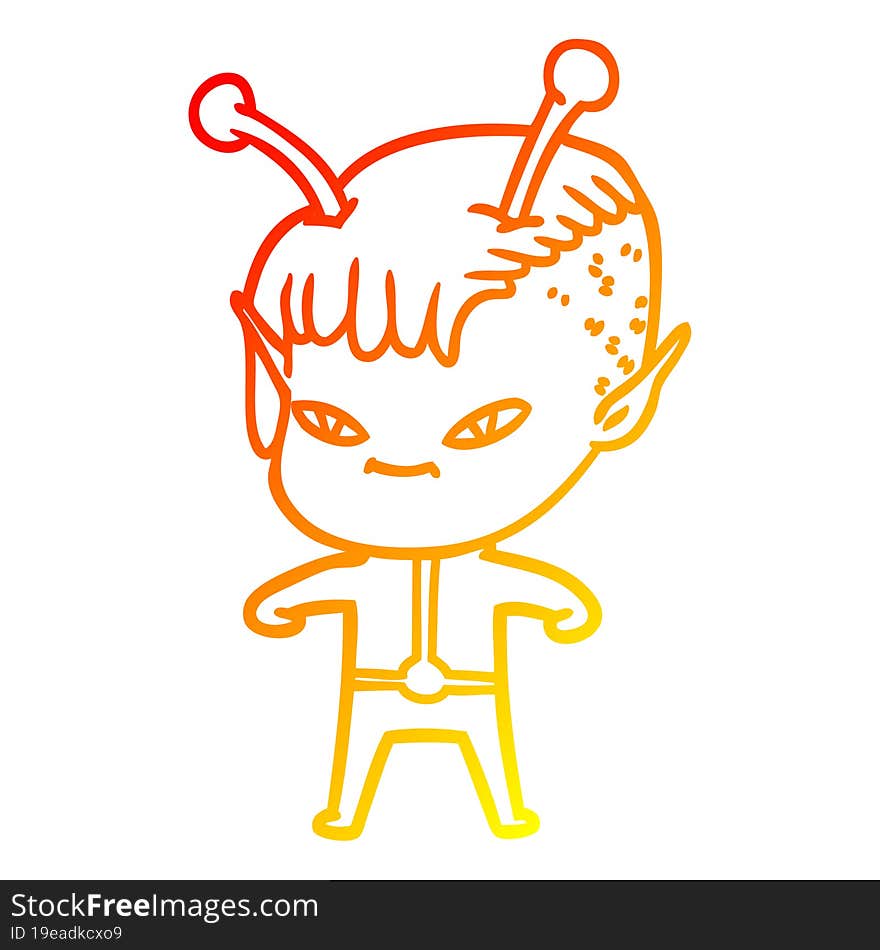 warm gradient line drawing of a cute cartoon alien girl