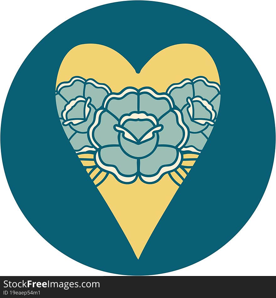 iconic tattoo style image of a heart and flowers. iconic tattoo style image of a heart and flowers