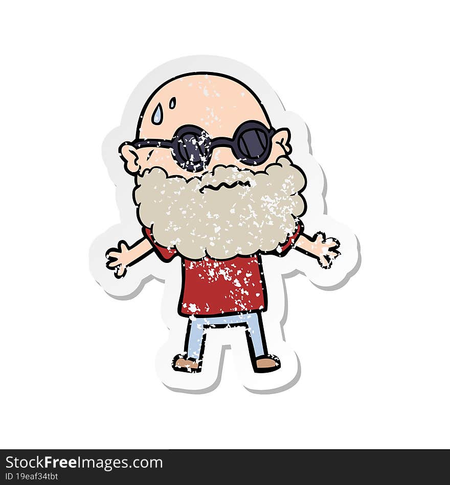 distressed sticker of a cartoon worried man with beard and sunglasses