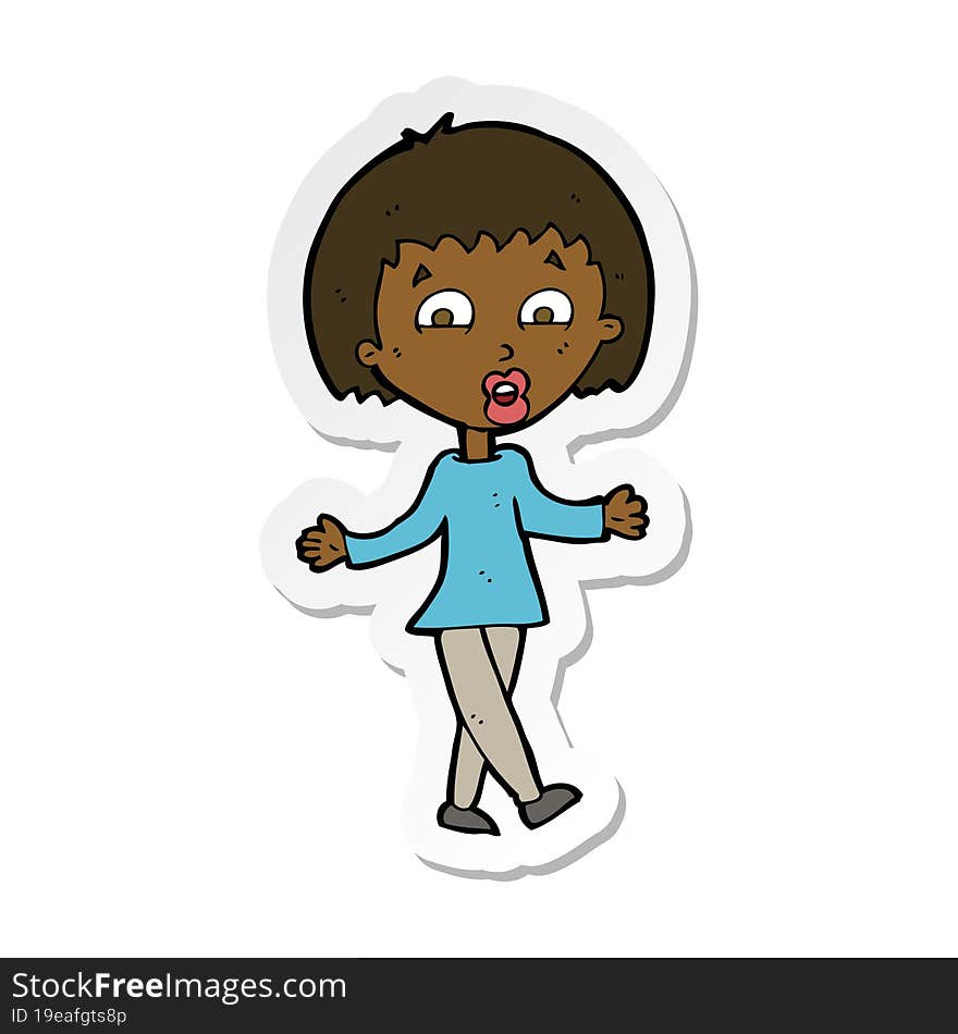 sticker of a cartoon woman shrugging shoulders