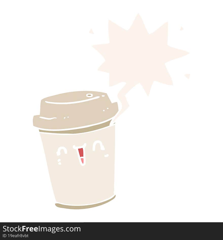 cartoon take out coffee with speech bubble in retro style