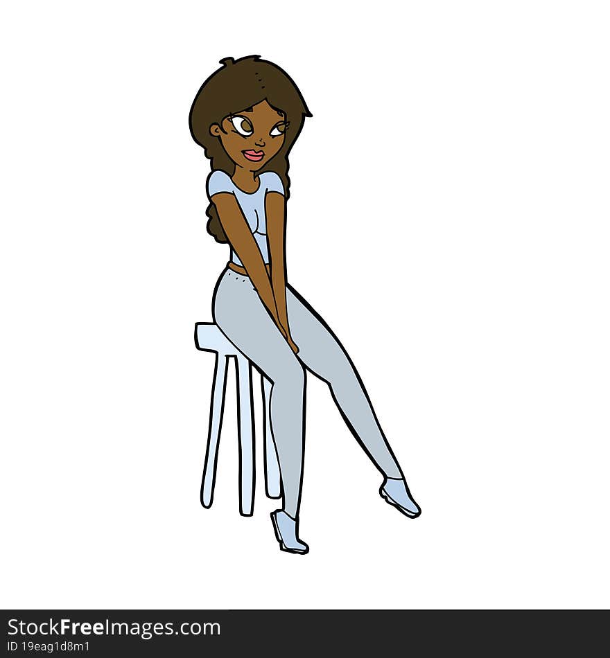 Cartoon Pretty Girl On Stool