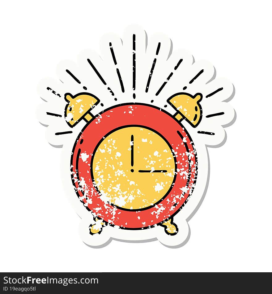 grunge sticker of tattoo style ringing alarm clock