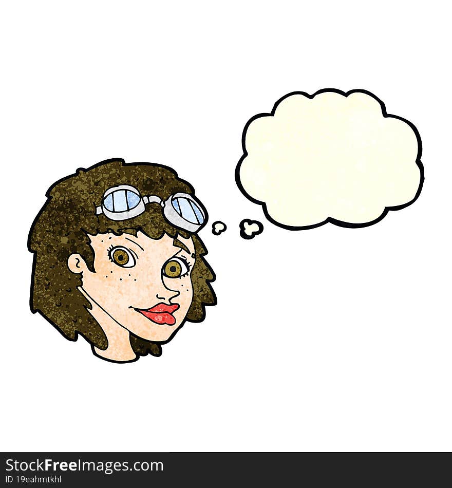 cartoon happy woman wearing aviator goggles with thought bubble