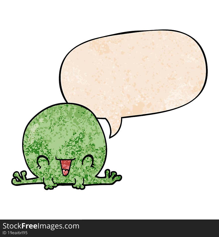 cartoon frog with speech bubble in retro texture style