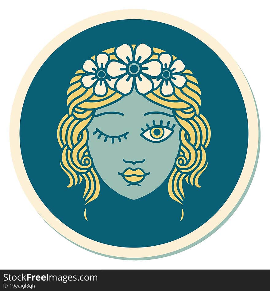 tattoo style sticker of a maidens face winking