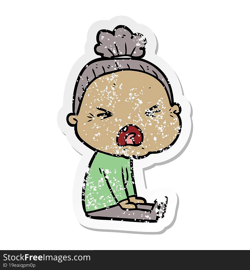 distressed sticker of a cartoon angry old woman