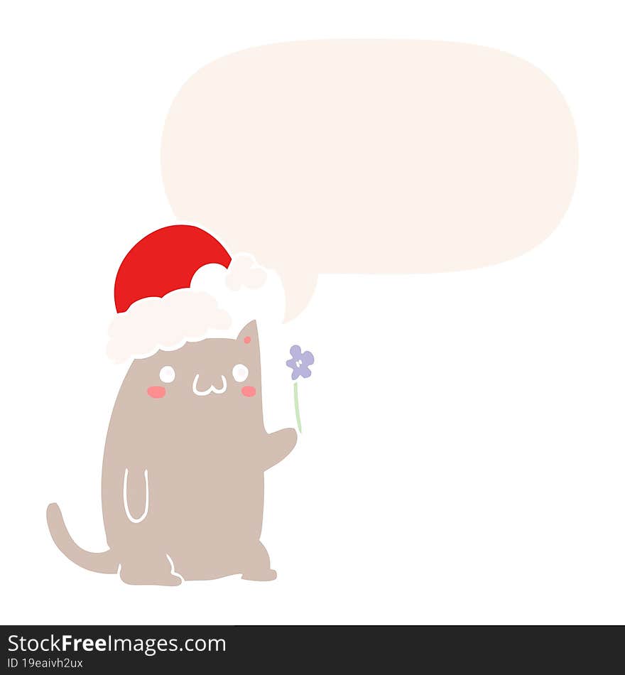 cute cartoon christmas cat and speech bubble in retro style