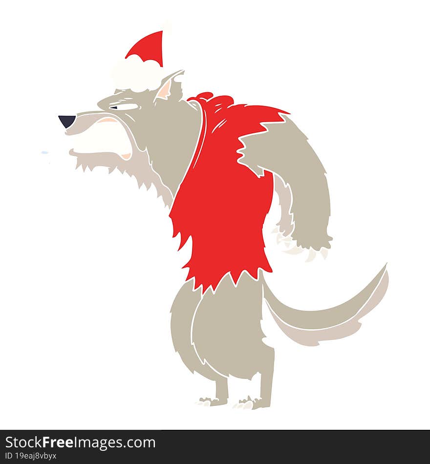 Angry Werewolf Flat Color Illustration Of A Wearing Santa Hat