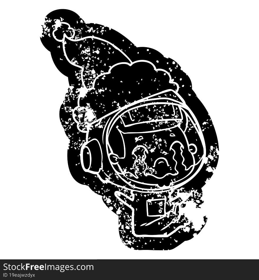 cartoon distressed icon of a crying astronaut wearing santa hat