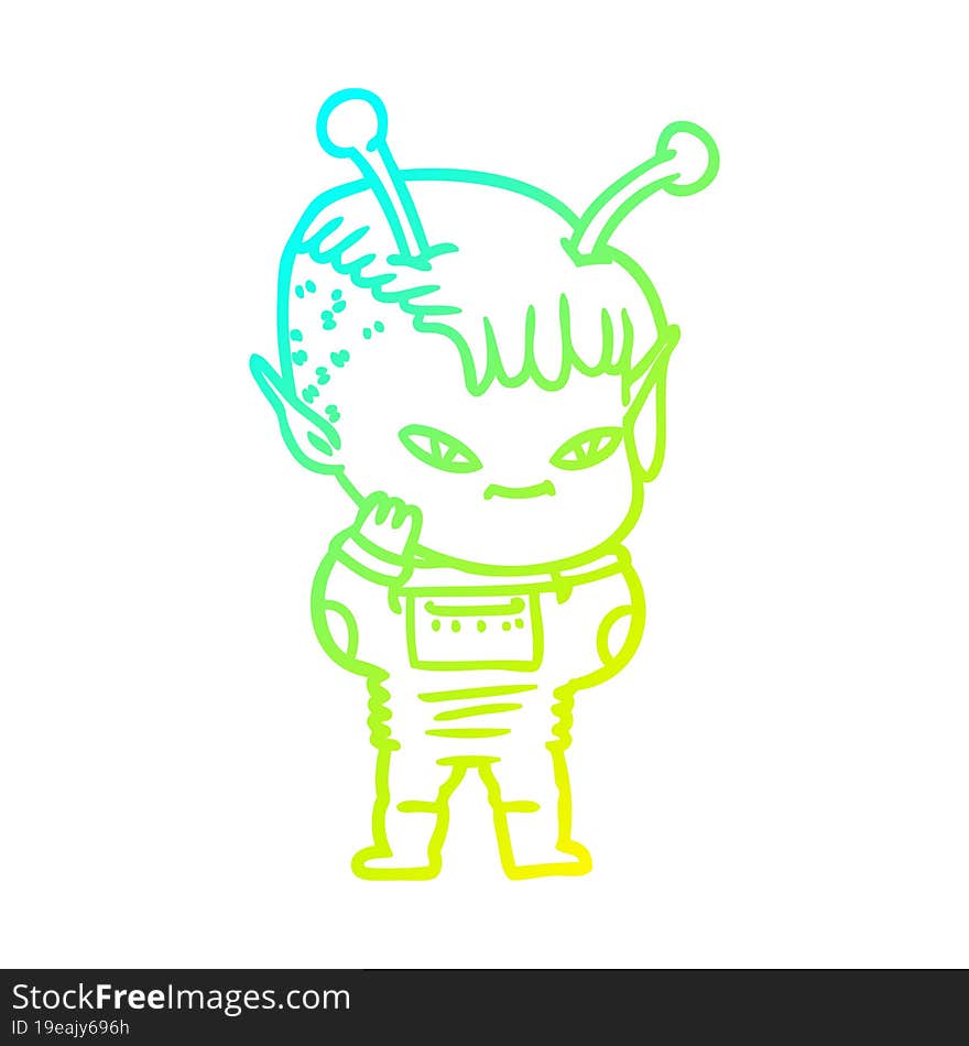 cold gradient line drawing of a cute cartoon alien girl