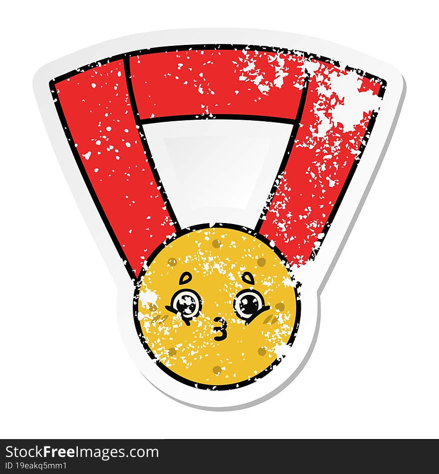 Distressed Sticker Of A Cute Cartoon Gold Medal