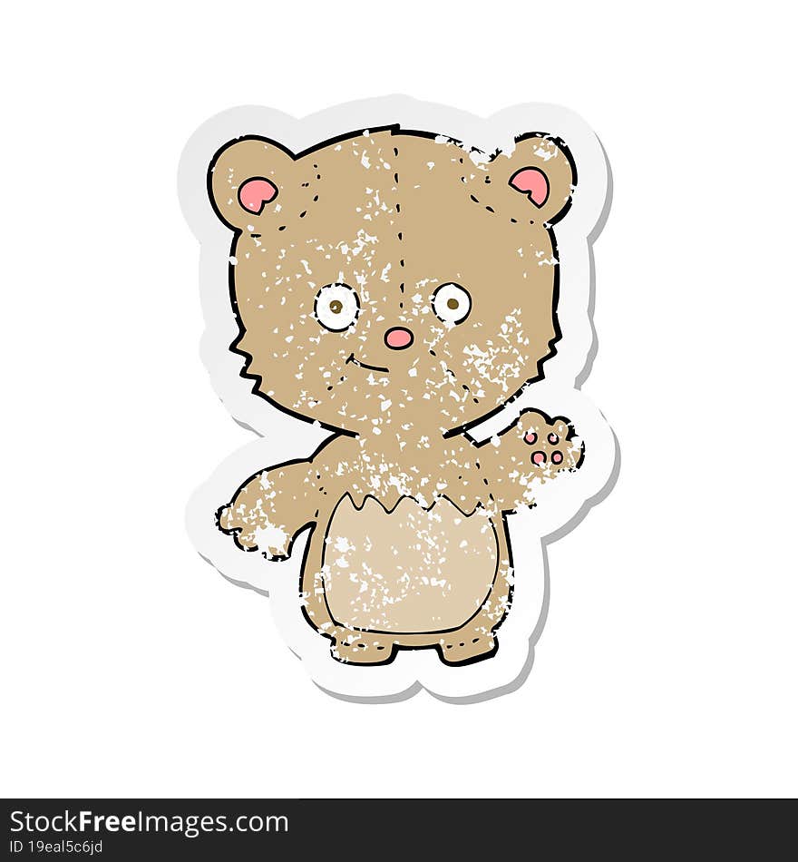 retro distressed sticker of a cartoon little teddy bear waving