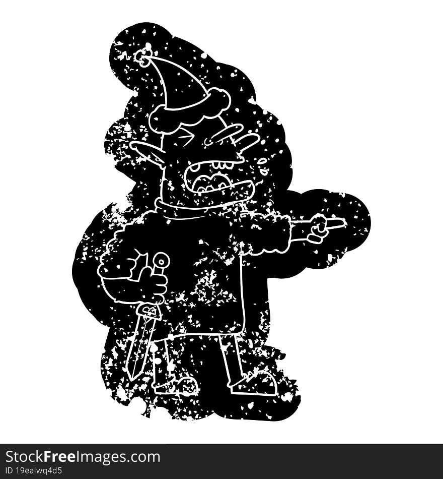 cartoon distressed icon of a goblin with knife wearing santa hat