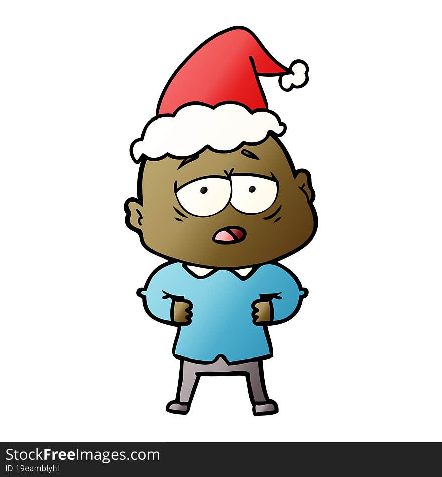 Gradient Cartoon Of A Tired Bald Man Wearing Santa Hat