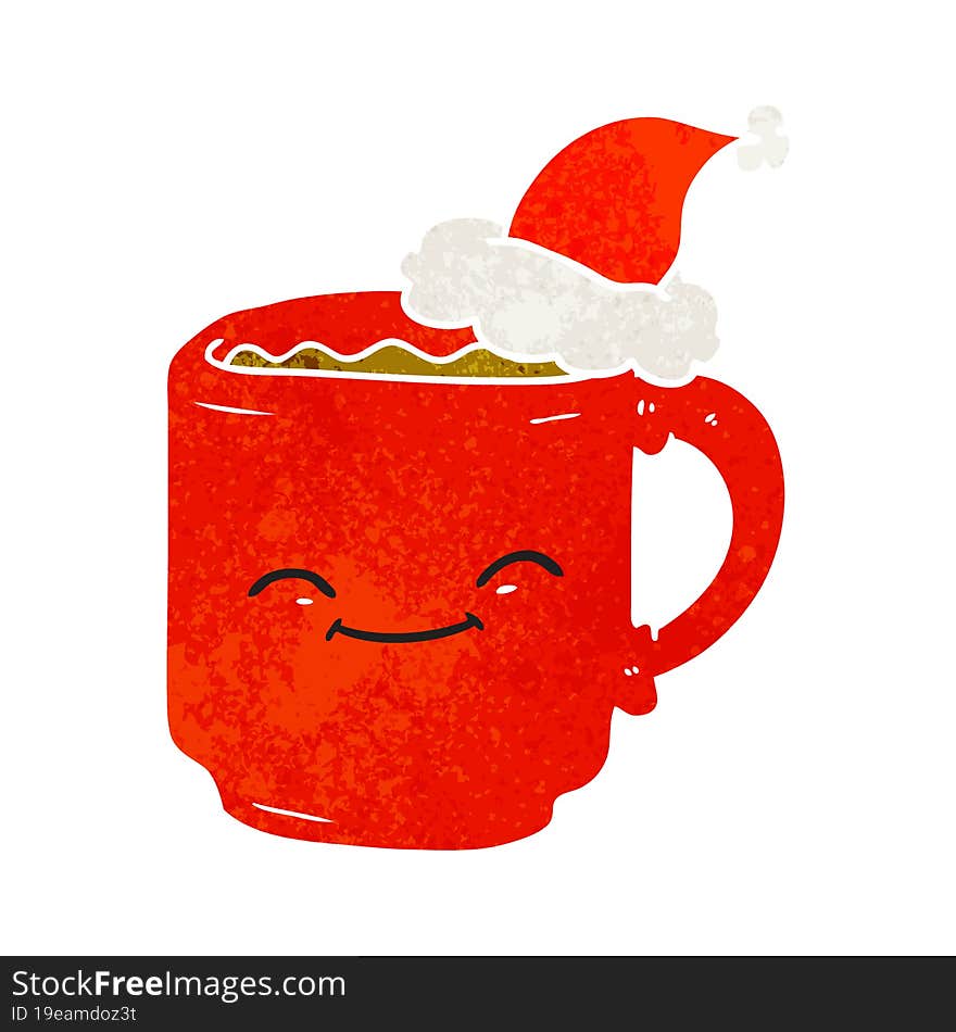 hand drawn retro cartoon of a coffee mug wearing santa hat