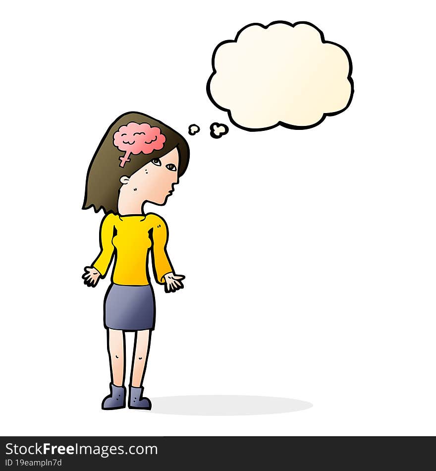 cartoon clever woman shrugging shoulders with thought bubble