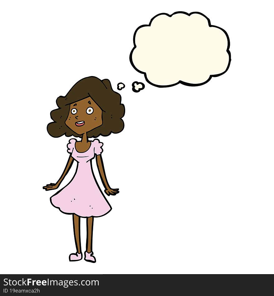 cartoon happy woman in dress with thought bubble