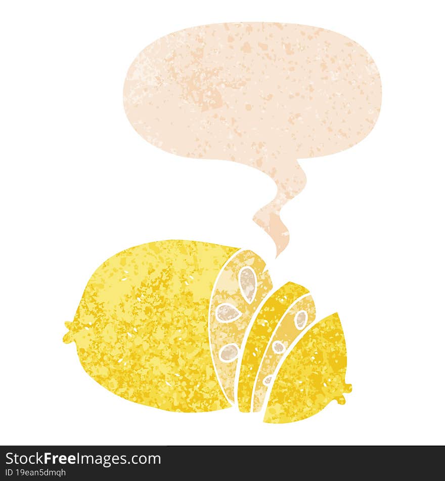 cartoon sliced lemon and speech bubble in retro textured style