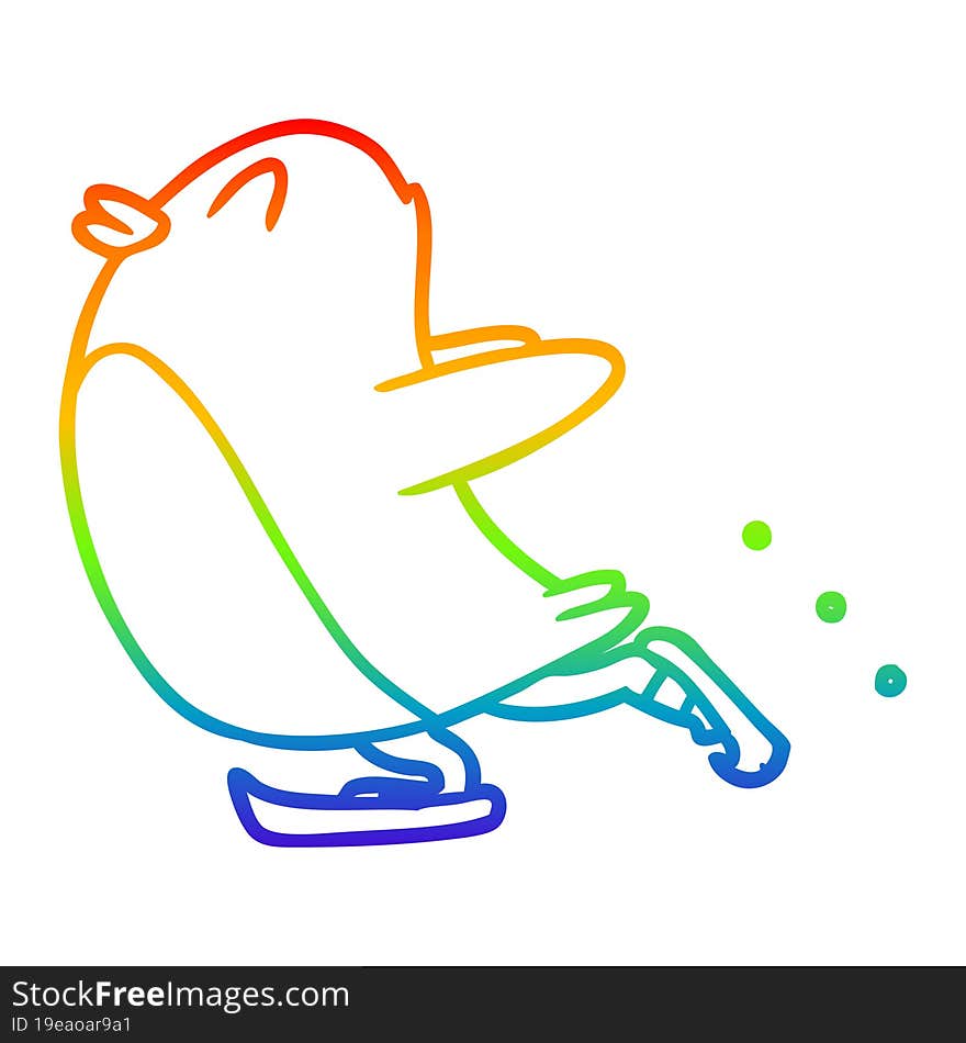 rainbow gradient line drawing of a cartoon penguin ice skating