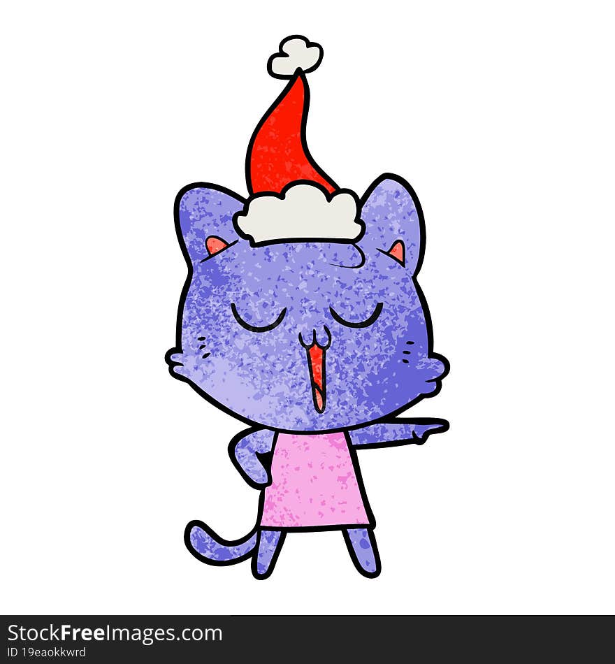 textured cartoon of a cat singing wearing santa hat