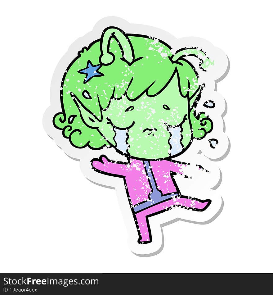 distressed sticker of a cartoon crying alien girl