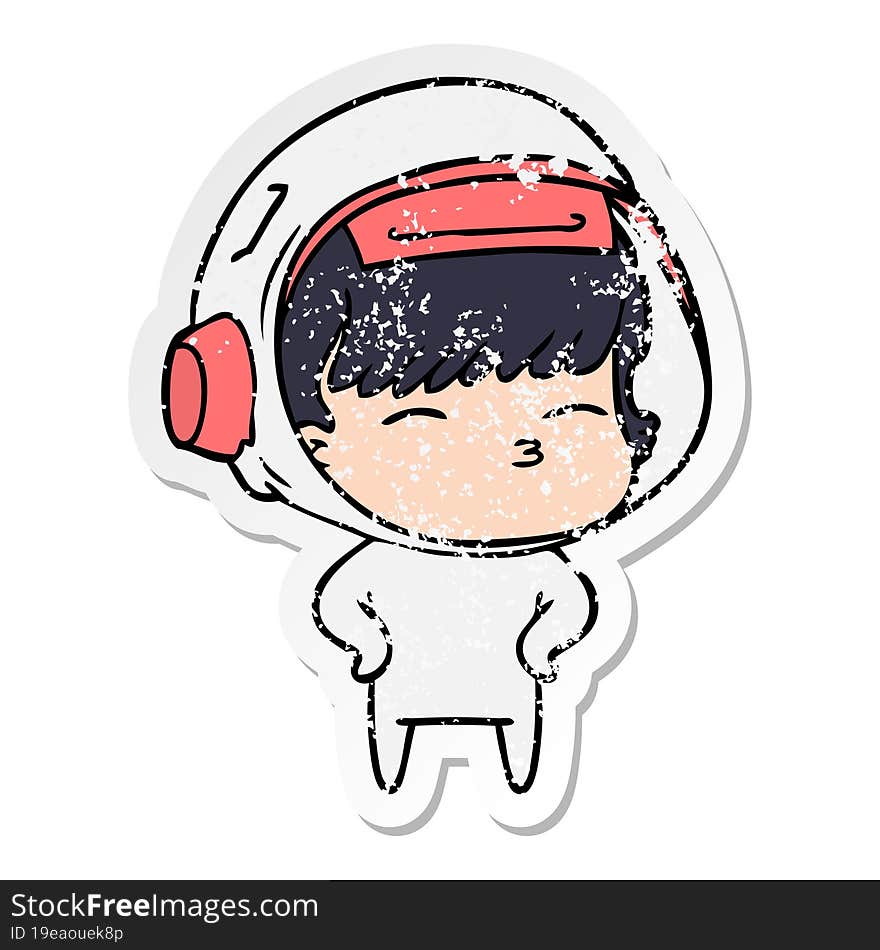 distressed sticker of a cartoon curious astronaut