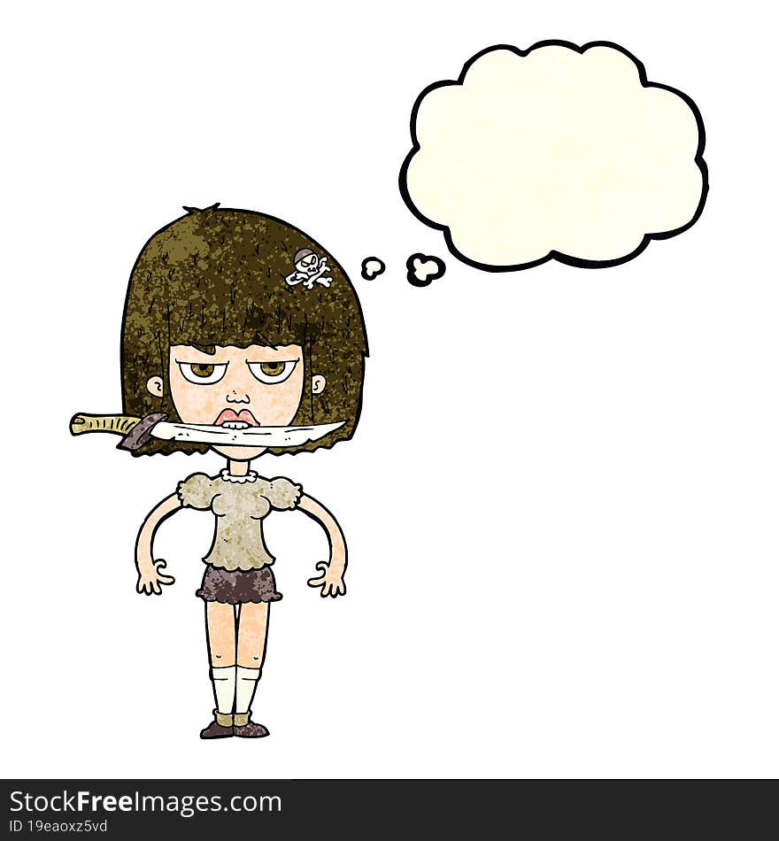 cartoon woman with knife between teeth with thought bubble