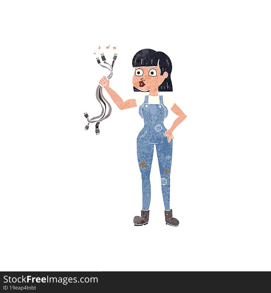 freehand retro cartoon female electrician