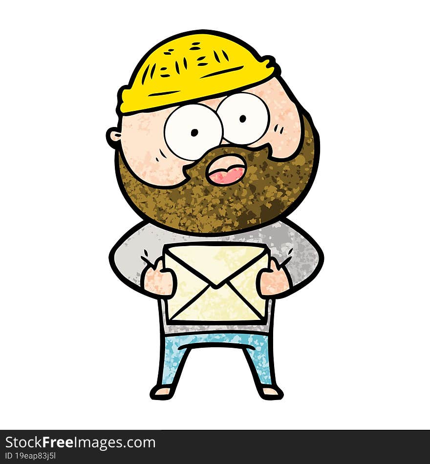 cartoon surprised bearded man holding letter. cartoon surprised bearded man holding letter