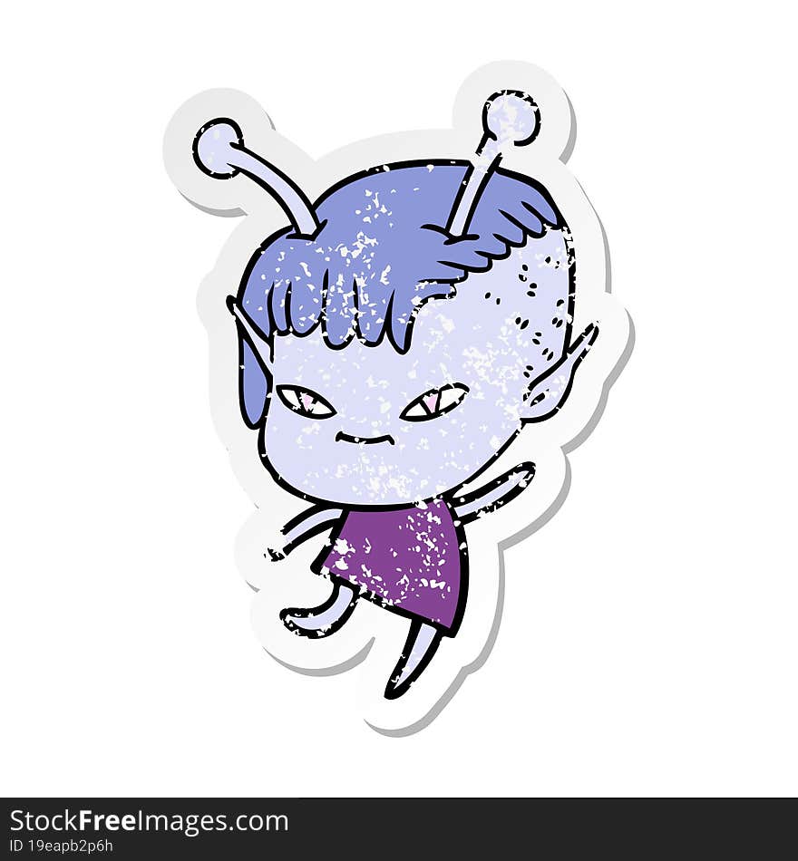 distressed sticker of a cute cartoon alien girl