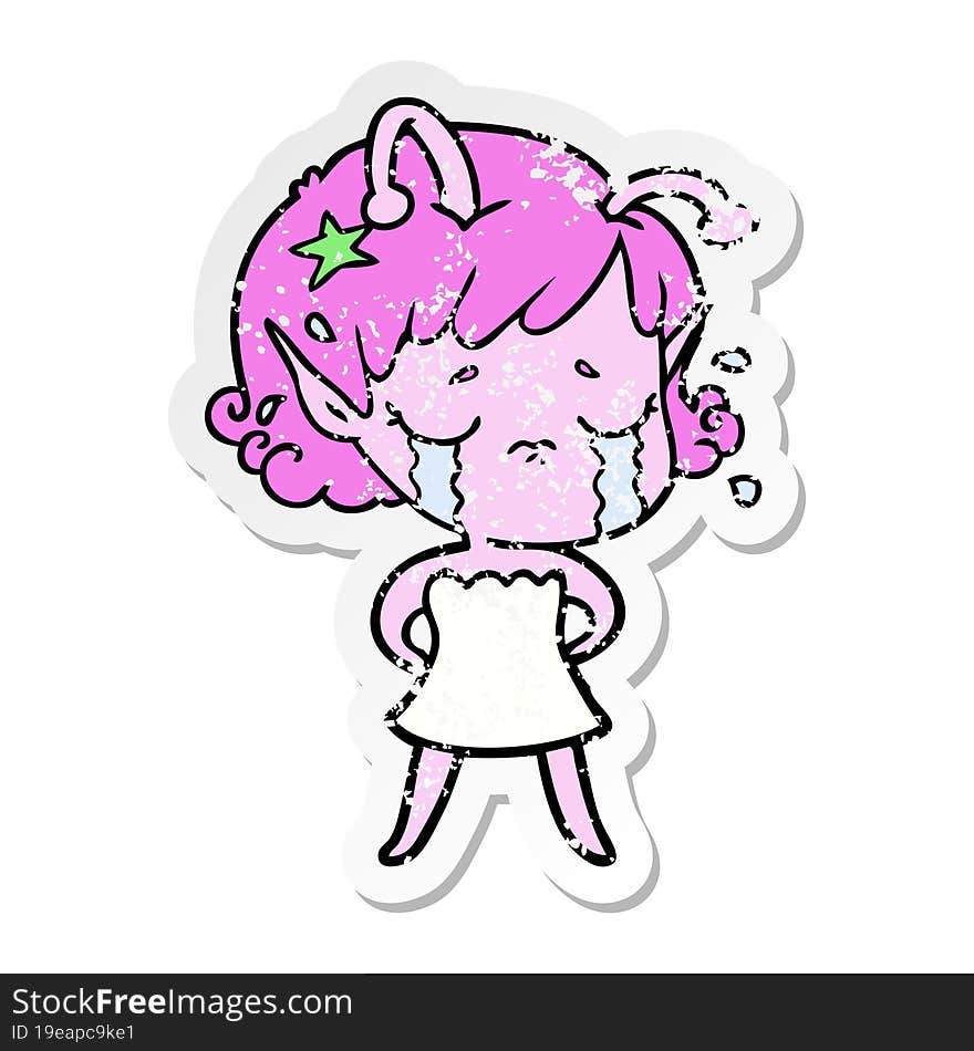 distressed sticker of a cartoon crying alien girl