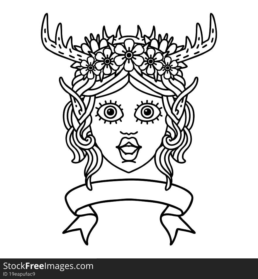 Black and White Tattoo linework Style elf druid character face with banner. Black and White Tattoo linework Style elf druid character face with banner