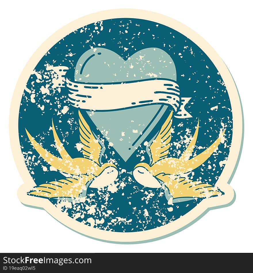 distressed sticker tattoo style icon of a swallows and a heart with banner