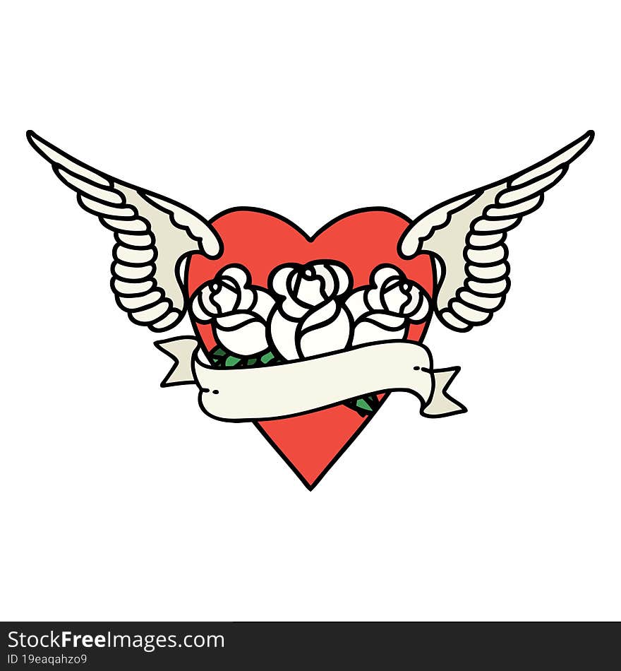 tattoo in traditional style of heart with wings flowers and banner. tattoo in traditional style of heart with wings flowers and banner