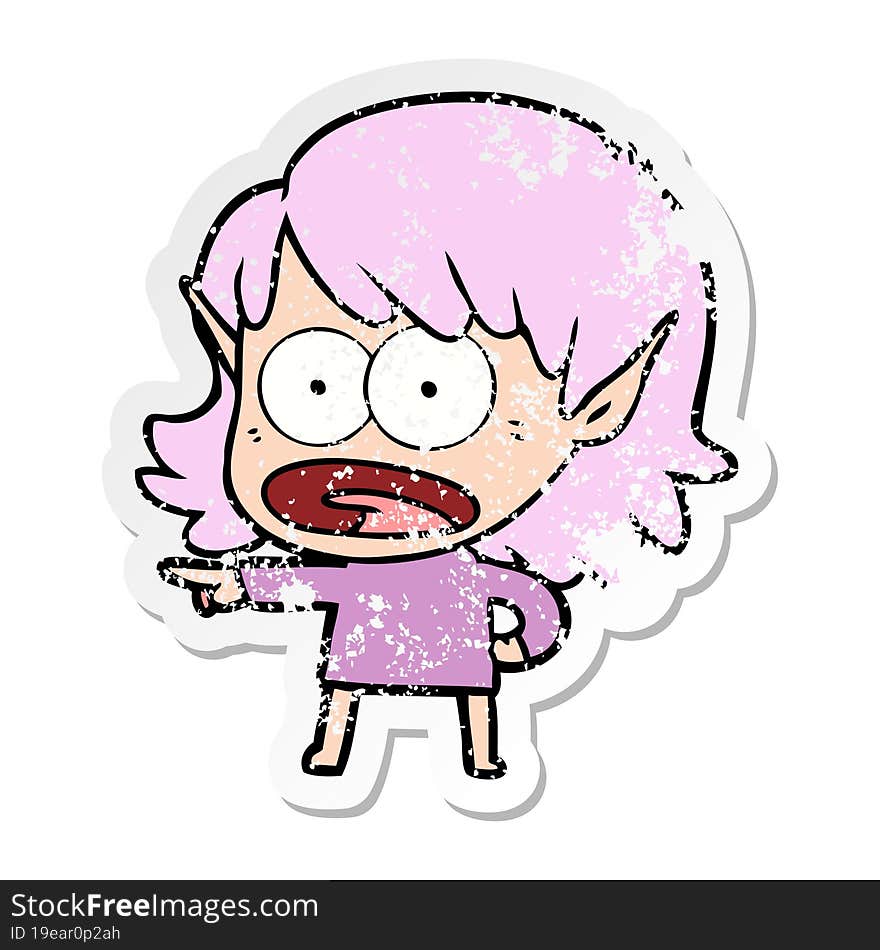 Distressed Sticker Of A Cartoon Shocked Elf Girl