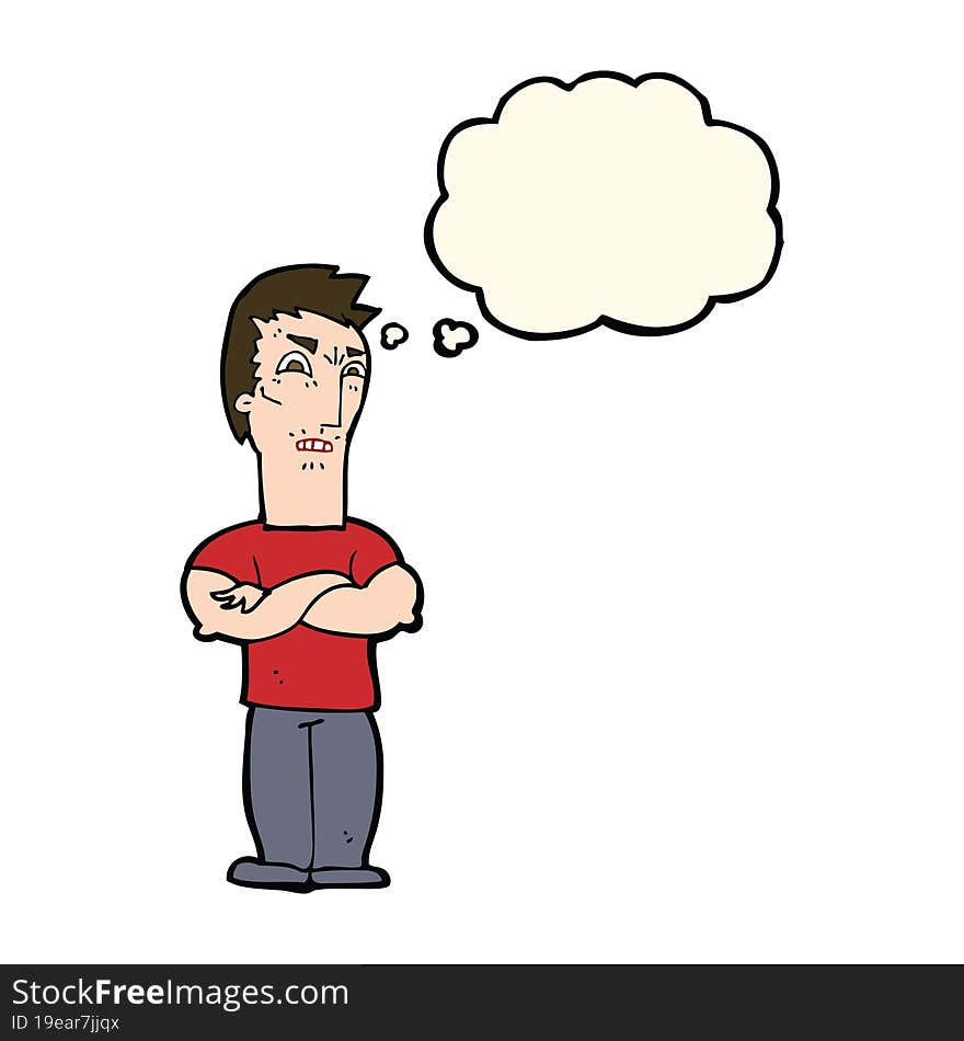 cartoon annoyed man with folded arms with thought bubble