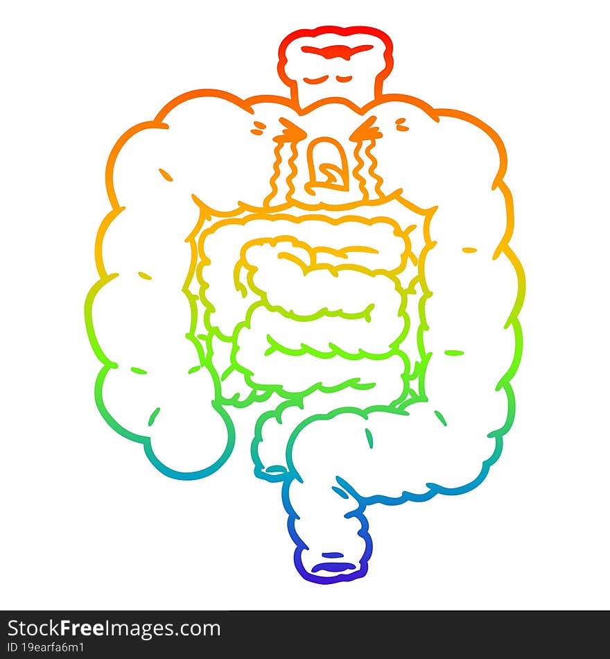 rainbow gradient line drawing of a cartoon intestines crying