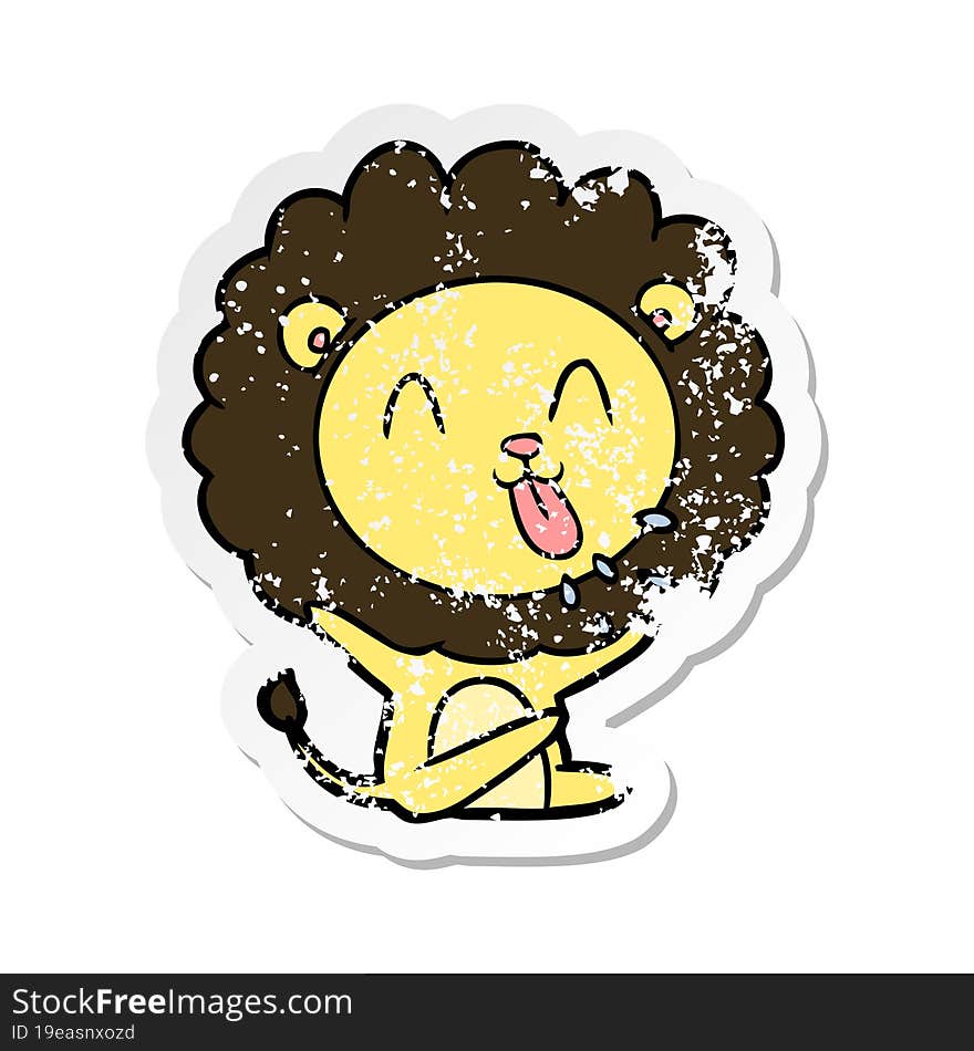 distressed sticker of a happy cartoon lion