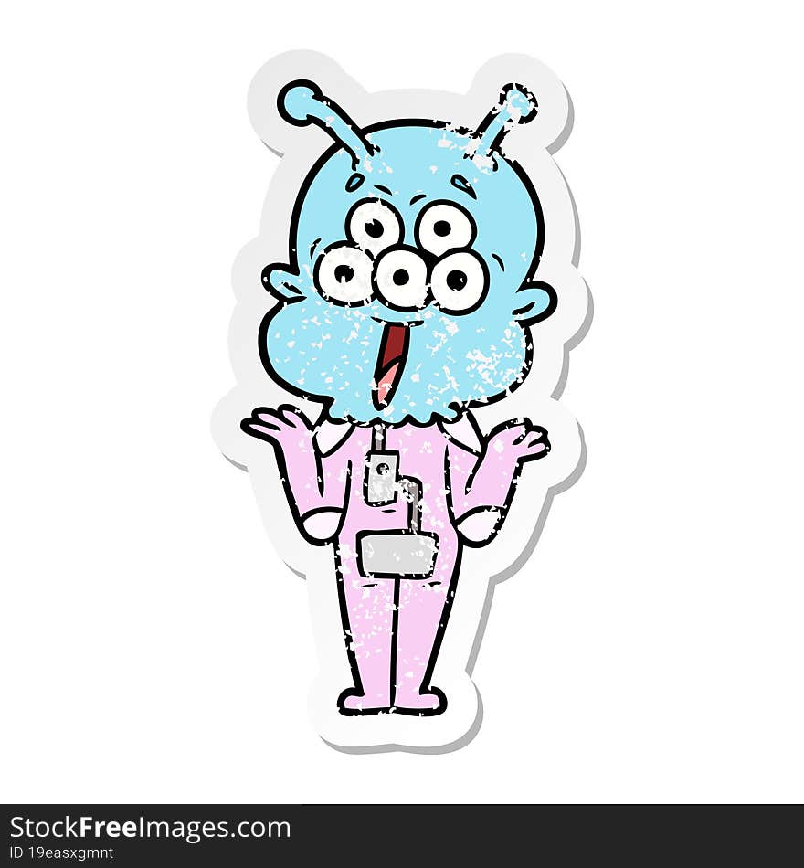 Distressed Sticker Of A Happy Cartoon Alien Shrugging Shoulders