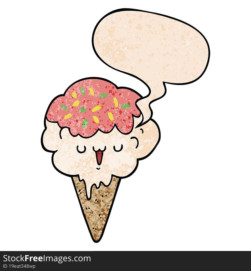 cartoon ice cream and speech bubble in retro texture style