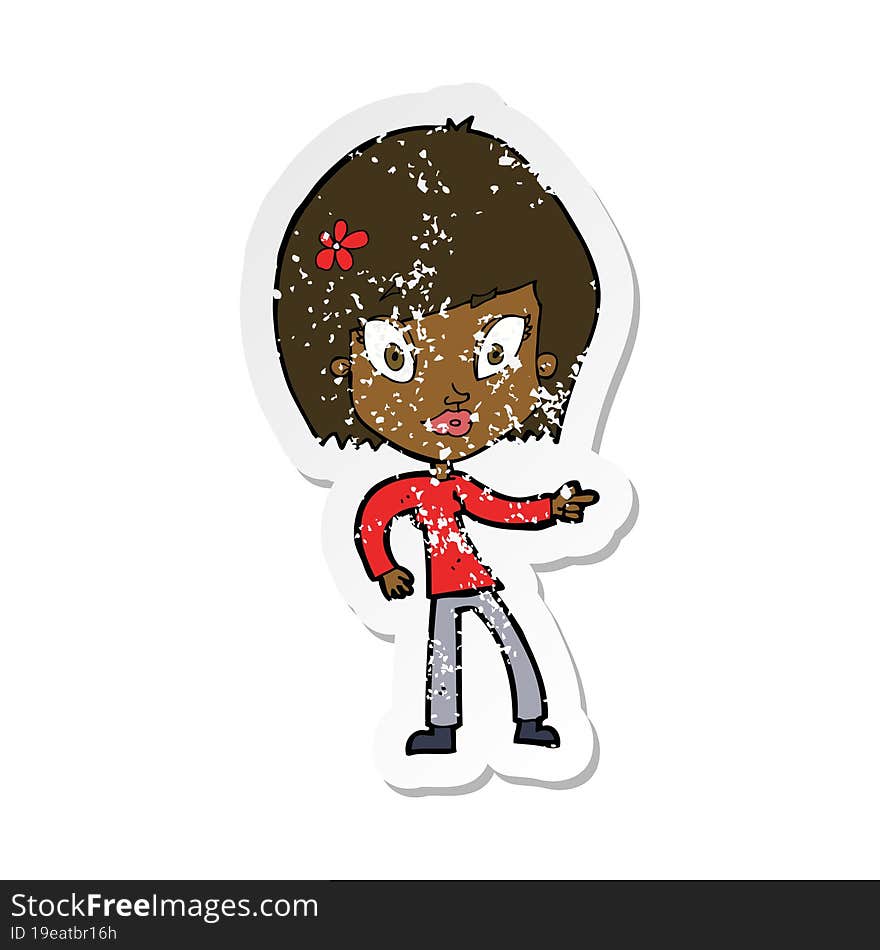 retro distressed sticker of a cartoon pretty woman pointing